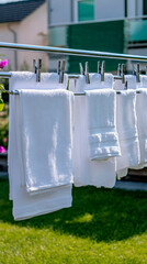 Modern outdoor laundry drying rack with crisp white towels hanging in sunlit backyard setting ideal for homecare and lifestyle content