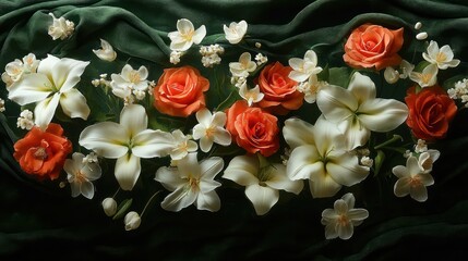 Floral arrangement,  orange and white roses, lilies, jasmine on dark green velvet