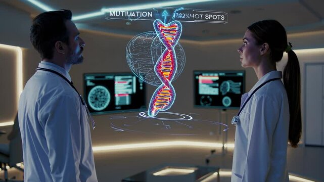 Medical team analyzing futuristic 3d dna model in laboratory - Powered by Adobe