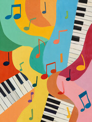 Vibrant abstract musical composition featuring colorful notes and piano keys in a dynamic arrangement