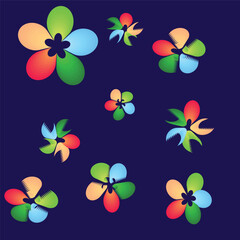 Vivid, multi-colored abstract flowers spiral across a deep navy background, blending smooth and jagged textures to create a dynamic, mesmerizing sense of movement and balance.