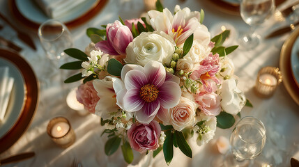 Elegant wedding table with floral centerpiece, a romantic celebration of love