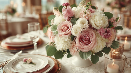 Elegant wedding table with floral centerpiece, a romantic celebration of love