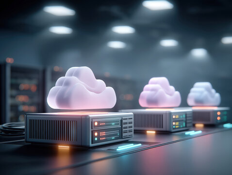 Futuristic cloud computing servers in a high-tech data center