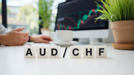 AUD CHF trading represents forex market activity, currency exchange analysis, and financial strategies involving Australian Dollar and Swiss Franc with copy space