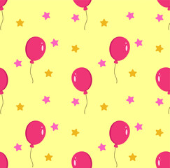 Seamless pattern of balloons and stars. Cheerful festive background. Vector illustration