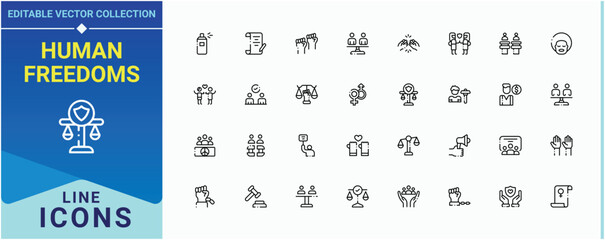 Human Freedoms simple icon set. Featuring freedom, support, people, peace, human, law, social and more. Human Rights icon set. Thin line icons set. Pixel perfect. Editable vector.