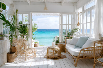 Obraz premium Bright living room overlooking tropical ocean with rattan furniture
