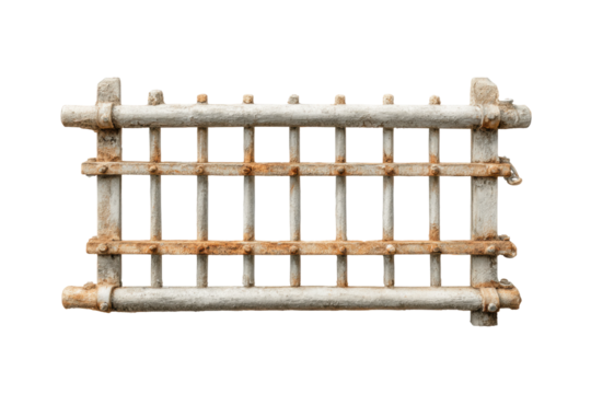 PNG Rusty metal fence panel with weathered texture and industrial design
