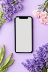 Smartphone mock up with blank screen surrounded by vibrant flowers on a purple background, ideal for design projects and creative presentations showcasing modern technology