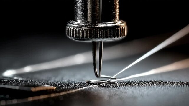 Close-up shot of a sewing machine needle piercing through fabric, with a focused, detailed aesthetic. Capturing the precision of sewing.