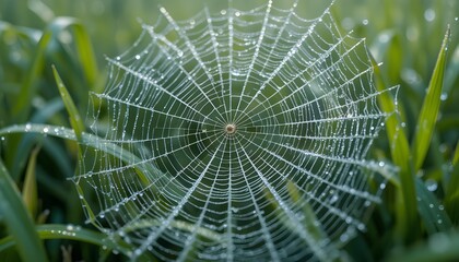 Obraz premium Close-Up of Dew-Covered Spiderweb in Green Grass
