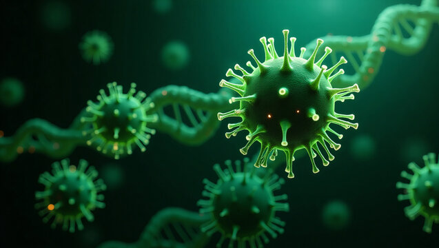 Green viruses with DNA strands in microscopic view. Medical background showing infectious particles, disease transmission, epidemic risk, genetic material, viral structure, healthcare danger, biotechn