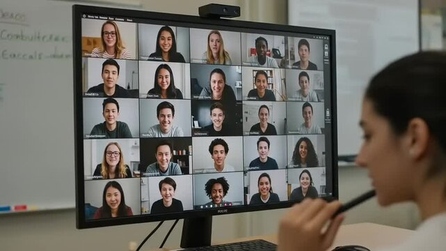 Group video conference featuring diverse students engaged in a virtual classroom discussion - Powered by Adobe