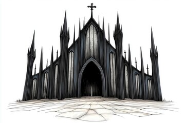 Dark gothic cathedral illustration, detailed stone facade, tall spires, cross on top, imposing and mysterious atmosphere. Dark grey and black tones, textured surface.