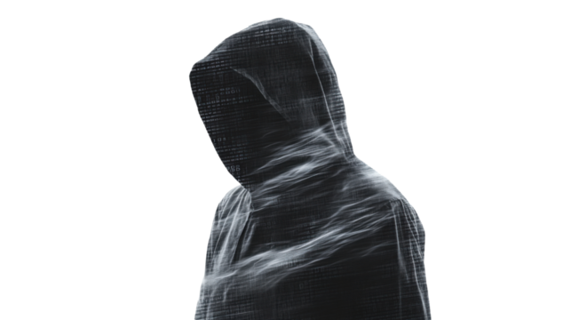 Mysterious hooded figure standing on white background