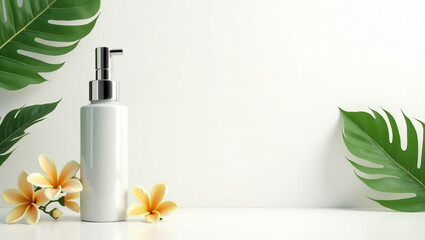Cosmetic mockup with white bottles and pump dispensers on light background with tropical leaves and flowers. Spa skincare banner, beauty product scene, lotion or cream packaging design, organic care t