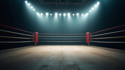 Empty boxing ring under dramatic spotlights in dark arena. Competition atmosphere, sports challenge, fighting stage, tension before match, professional fight zone, training ground, anticipation scene,