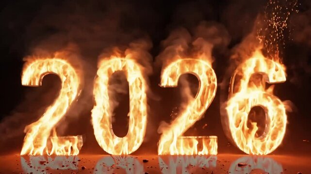 2026 text in burning fire effect on black background showing dramatic countdown or future date used in bold visuals or celebration themes