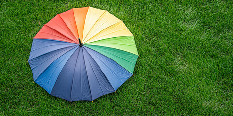 Vibrant rainbow umbrella displayed on lush green grass for summer picnic festival photoshoot and outdoor event marketing inspiration