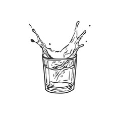 Hand drawn black and white sketch of water in a glass. Not AI