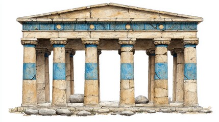 Naklejka premium Ancient Greek temple with six columns, light beige stone, blue accents, isolated on white background. Detailed architectural features, weathered stone texture.