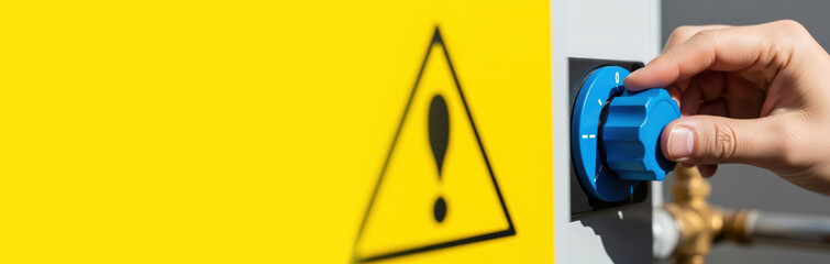 Hand turning blue knob on gas appliance safety warning yellow triangle for a banner with a blurry backdrop.  Gas appliance safety includes careful control of gas flow.  