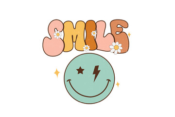 Retro smile face with daisies and sparkles Retro Quote Sublimation Design
