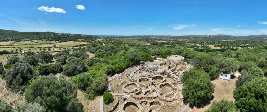 Aerial view of the archaeological site of Nuraghe La Prisgiona. Arzachena - North Sardinia island. Italy