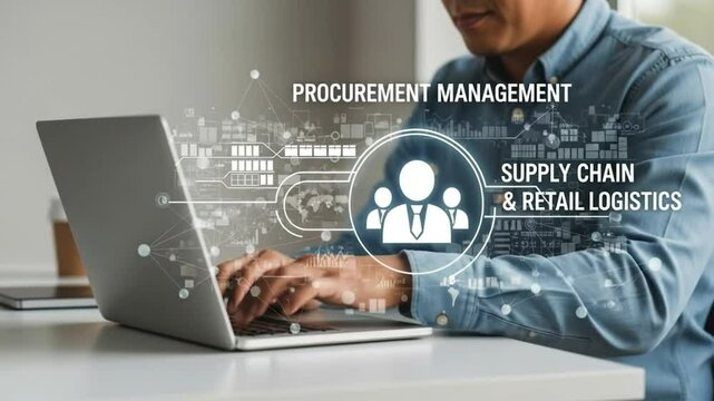 Man types on laptop with procurement management and supply chain retail logistics graphic overlaying screen