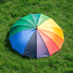 Vibrant rainbow umbrella displayed on lush green grass for summer picnic festival photoshoot and outdoor event marketing inspiration