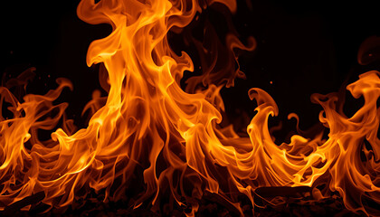 Fototapeta premium Hot bright fire flames with detailed shape on clean black background