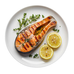 Grilled salmon steak with lemon and herbs on a white plate, isolated on a transparent background. PNG file.