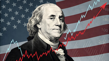 19th-century American icon framed by economic graph and stars and stripes, evoking legacy and financial disruption