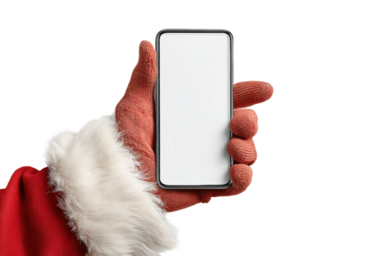 PNG Santa claus holding smartphone with blank screen isolated on black background