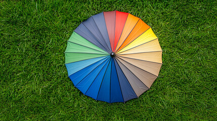 Vibrant rainbow umbrella displayed on lush green grass for summer picnic festival photoshoot and outdoor event marketing inspiration