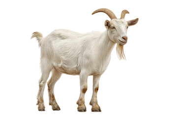 Fototapeta premium PNG White goat with curved horns on white background looking forward