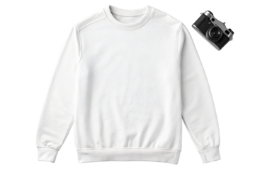 White sweatshirt with vintage camera isolated on transparent background, perfect for apparel mockups and casual fashion designs