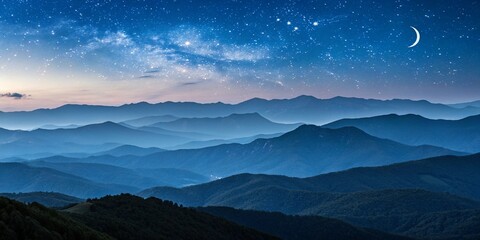 Majestic mountain range under a starry night sky with a crescent moon