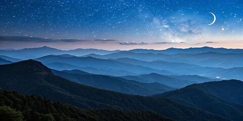 Scenic mountain range under a starry night sky with a crescent moon shining brightly