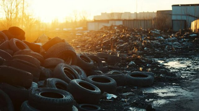 Waste tires and tyres at landfill for recycling. Regenerated tire rubber produced. Reuse of the waste rubber tyres. Pile of old wheels for recycling. Disposal of waste tires. Tyre dump