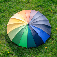 Vibrant rainbow umbrella displayed on lush green grass for summer picnic festival photoshoot and outdoor event marketing inspiration