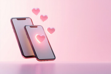 Smartphones with Glowing Hearts on Pink Background