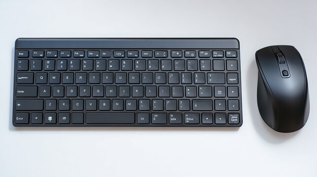 Sleek Black Wireless Keyboard and Mouse on White Background Minimalist Workspace Setup for Productivity and Modern Technology Top Down View for Clean Design and Functionality