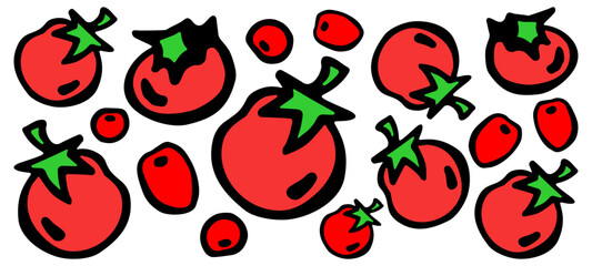 Vector colored banner of ripe tomatoes, different varieties, on a white isolated background