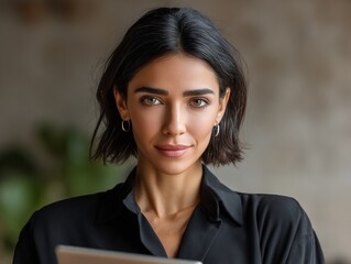 Fototapeta premium Female businesswoman looking serious with computer