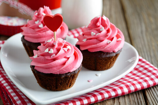 Delightful valentine's day cupcakes with pink frosting heart sprinkles and topper on a white plate and red gingham checkered napkin on a wooden table