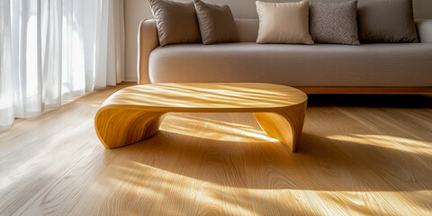 Sunlit wooden floor interior casting warm shadows across living space highlighting minimal decor natural lighting ideal for architecture and real estate marketing content