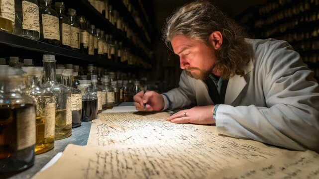 A scientist in a lab coat studies handwritten notes among shelves of bottles, focused on research and documentation.