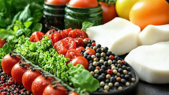 Fresh vegetables including tomatoes, lettuce, garlic, and herbs arranged beautifully on a dark surface for culinary inspiration.